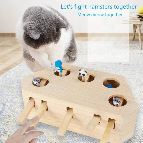Wooden Cat Toy Interactive Mouse Whack a Mole Mouse Wooden Puzzle Box Cat Exercise Toy with Cute Cartoon Toys for Cats Kitten