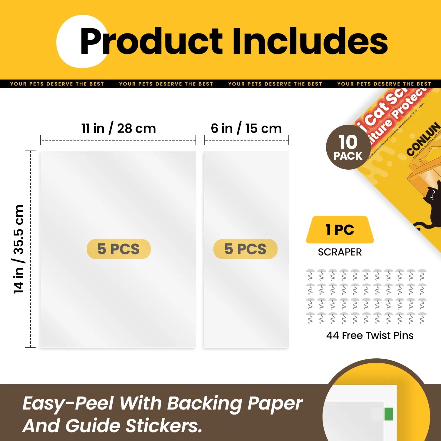 Cat Scratching Furniture Protector, 10 Pack Self-Adhesive Clear Couch Guard, Anti-Scratch Film for Sofa, Furniture Covers from Cat Claws with 44 Pins