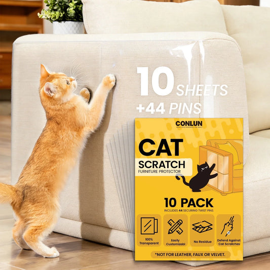 Cat Scratching Furniture Protector, 10 Pack Self-Adhesive Clear Couch Guard, Anti-Scratch Film for Sofa, Furniture Covers from Cat Claws with 44 Pins