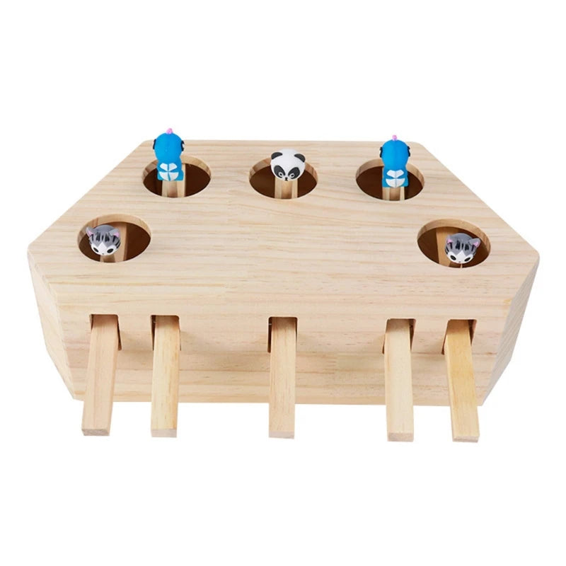 Wooden Cat Toy Interactive Mouse Whack a Mole Mouse Wooden Puzzle Box Cat Exercise Toy with Cute Cartoon Toys for Cats Kitten