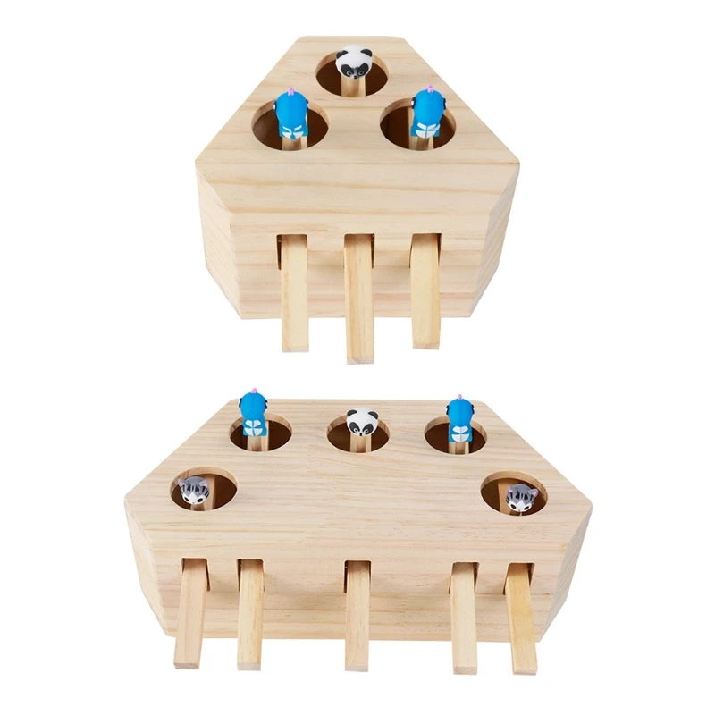 Wooden Cat Toy Interactive Mouse Whack a Mole Mouse Wooden Puzzle Box Cat Exercise Toy with Cute Cartoon Toys for Cats Kitten
