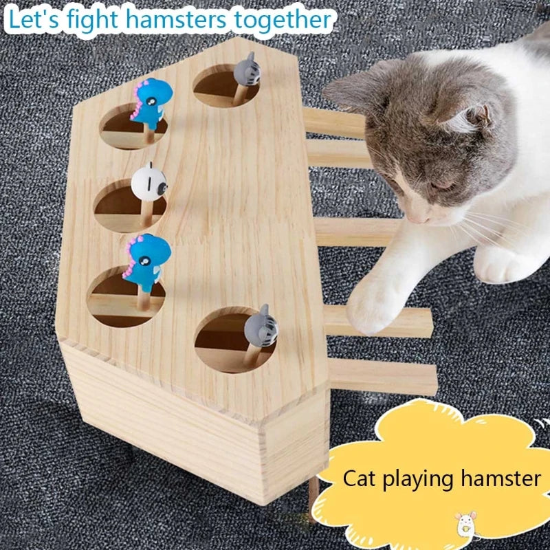 Wooden Cat Toy Interactive Mouse Whack a Mole Mouse Wooden Puzzle Box Cat Exercise Toy with Cute Cartoon Toys for Cats Kitten